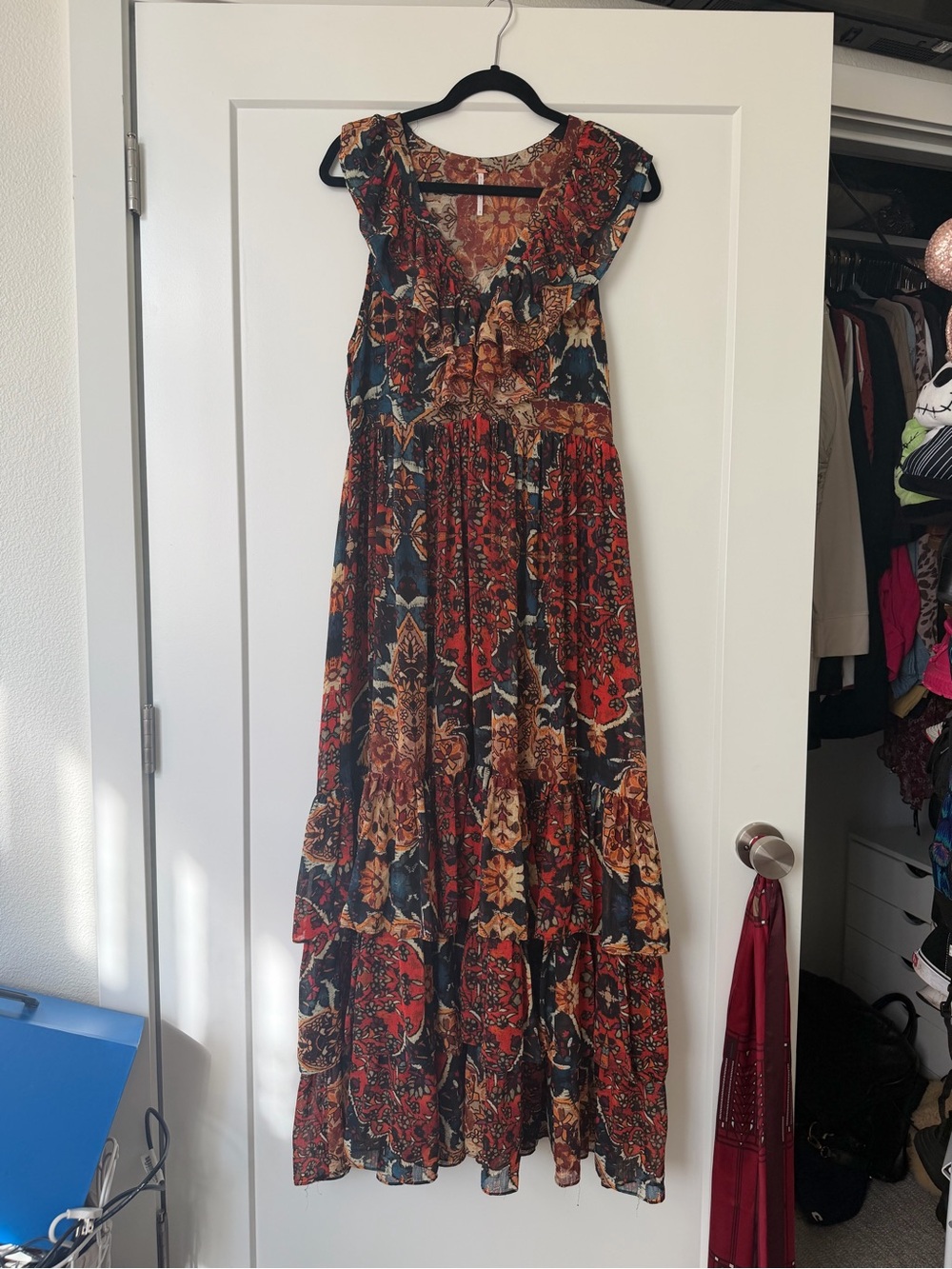 Free People Red Navy Floral Paisley Ruffle Maxi Dress